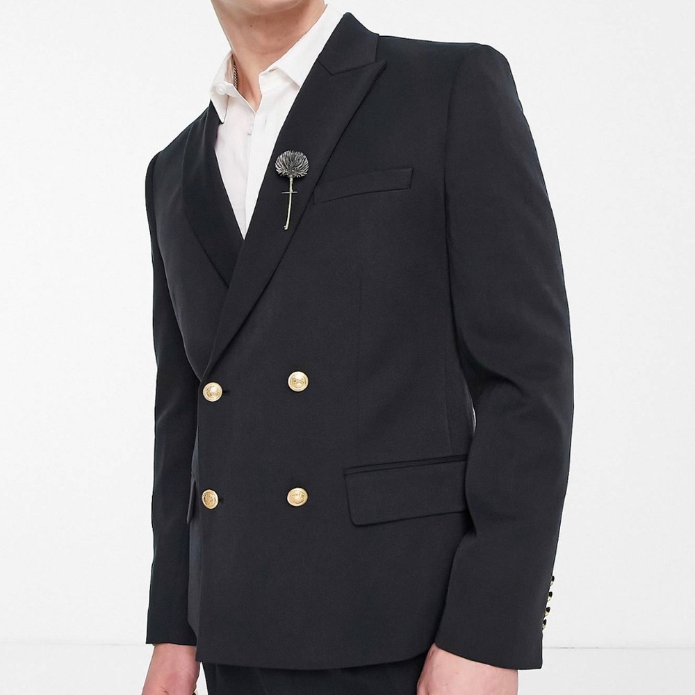 ASOS DESIGN Wedding skinny fit double breasted
blazer with gold buttons …